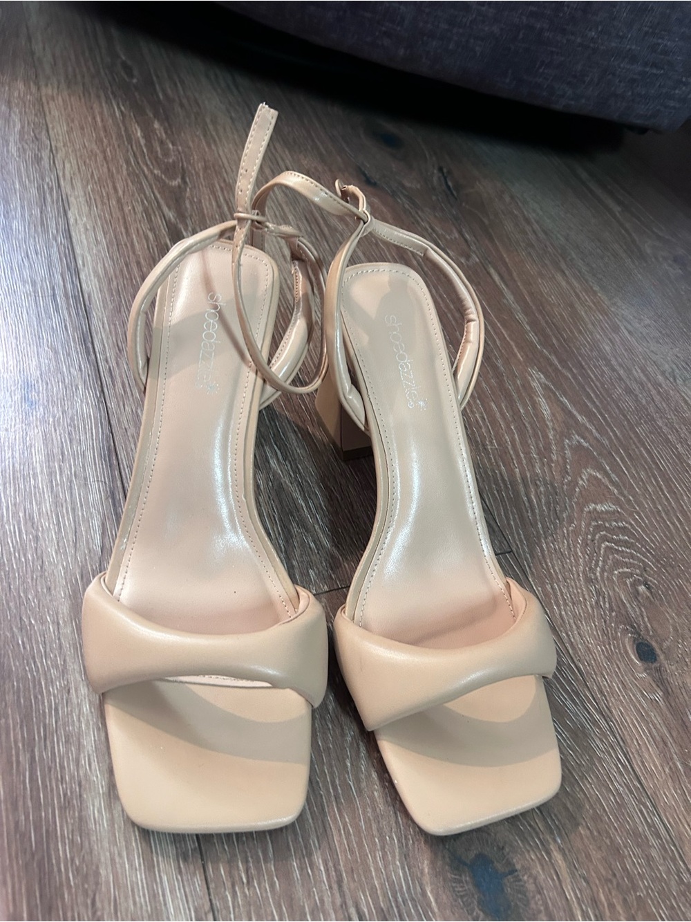 Beige Square Toe Ankle Strap Block Heels